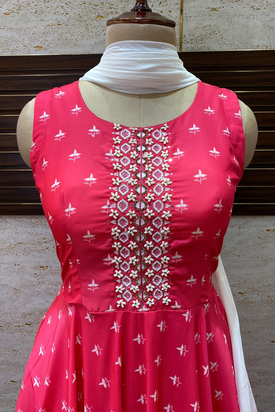 Fluorescent Pink Sequins and Stone Work with Digital Print Floor Length Anarkali Suit - 3