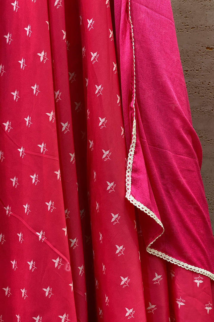 Fluorescent Pink Sequins and Stone Work with Digital Print Floor Length Anarkali Suit - 5