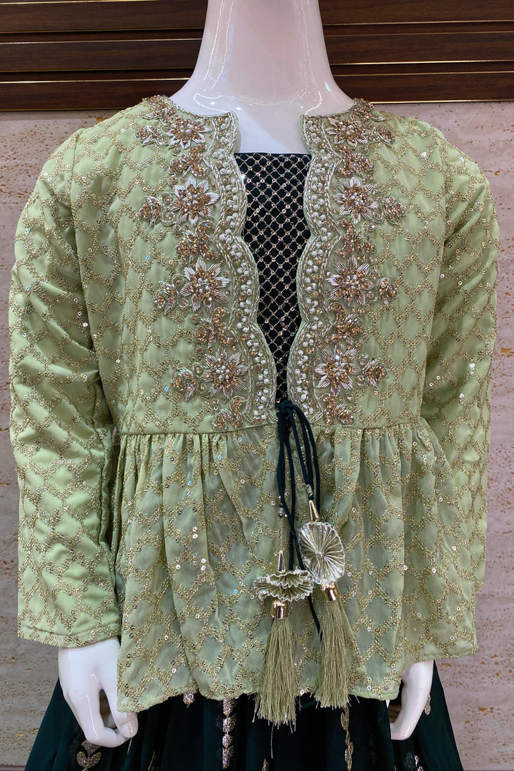 Bottle Green with Pista Green Zari, Sequins and Stone work Overcoat Style Lehenga Choli for Girls - Seasons Chennai