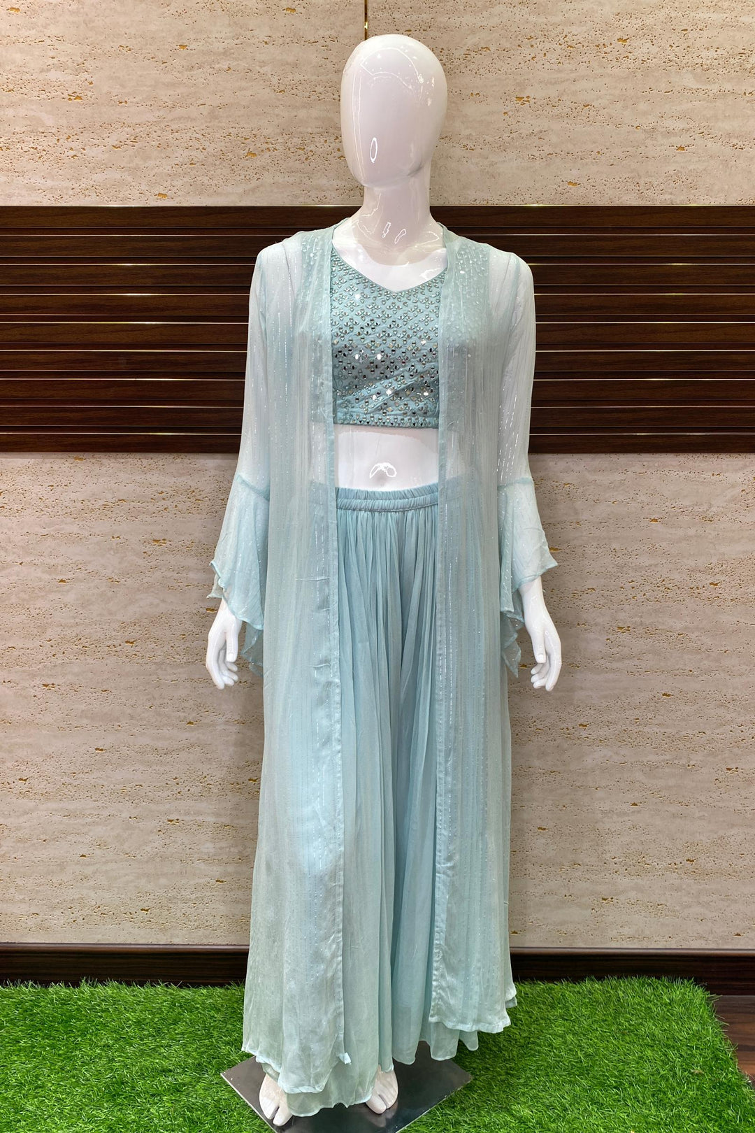 Pale Blue Mirror work with Long Over Coat Crop Top Palazzo Set - 1