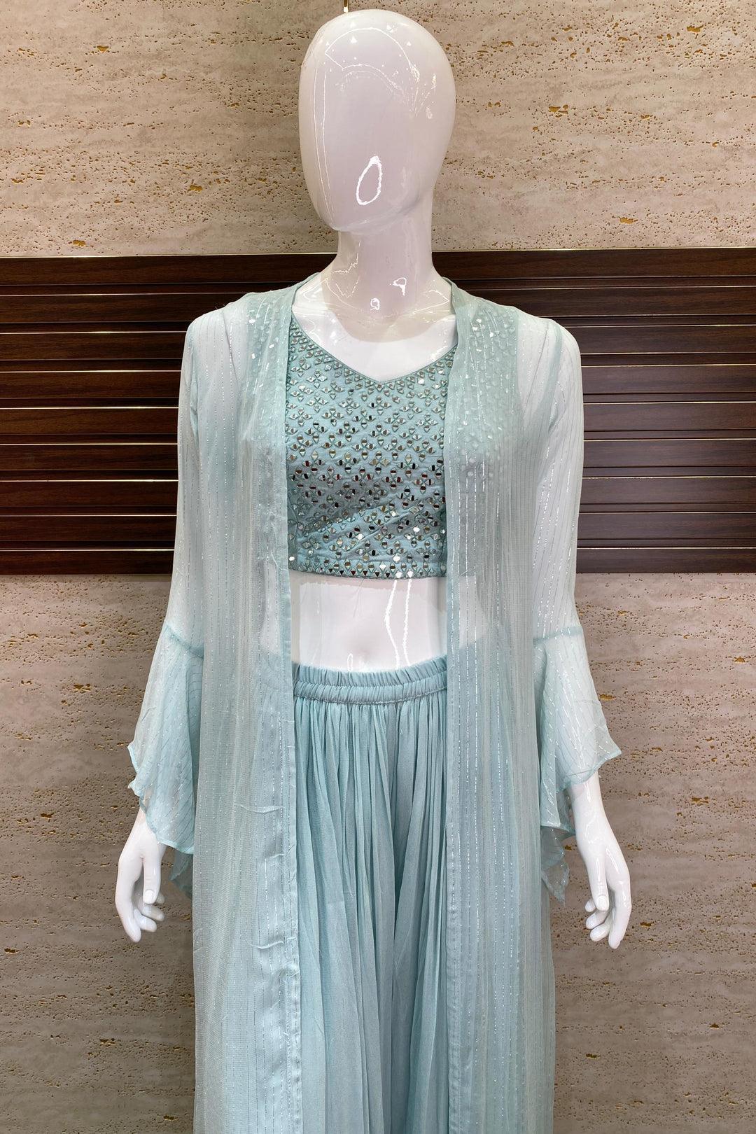 Pale Blue Mirror work with Long Over Coat Crop Top Palazzo Set - 2
