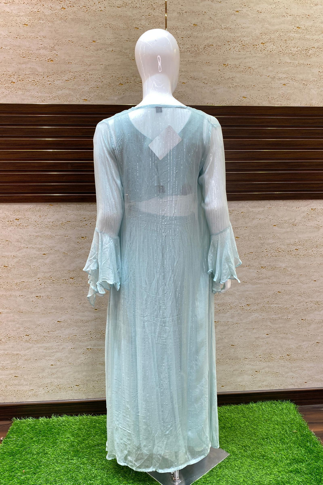 Pale Blue Mirror work with Long Over Coat Crop Top Palazzo Set - 5