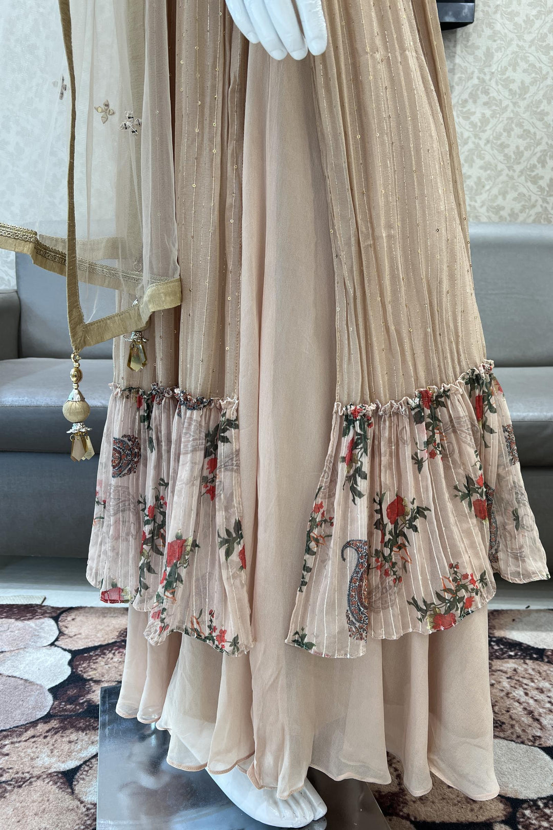 Beige Multicolor Embroidery, Stone, Sequins and Thread work Salwar Suit with Palazzo Pants - Seasons Chennai