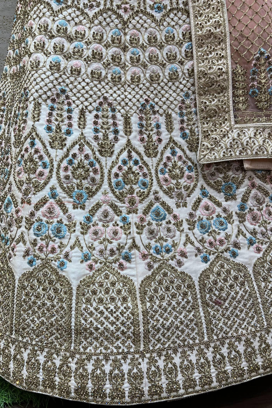 Light Peach Aari, Thread and Stonework Semi Stitched Bridal Lehenga - Seasons Chennai