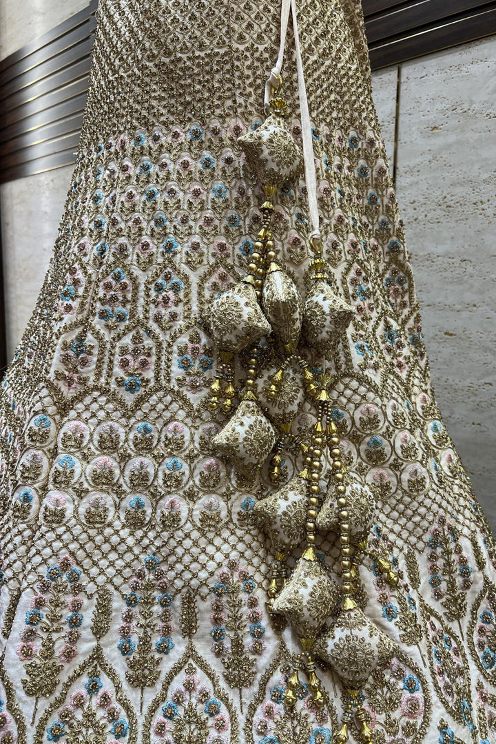 Light Peach Aari, Thread and Stonework Semi Stitched Bridal Lehenga - Seasons Chennai