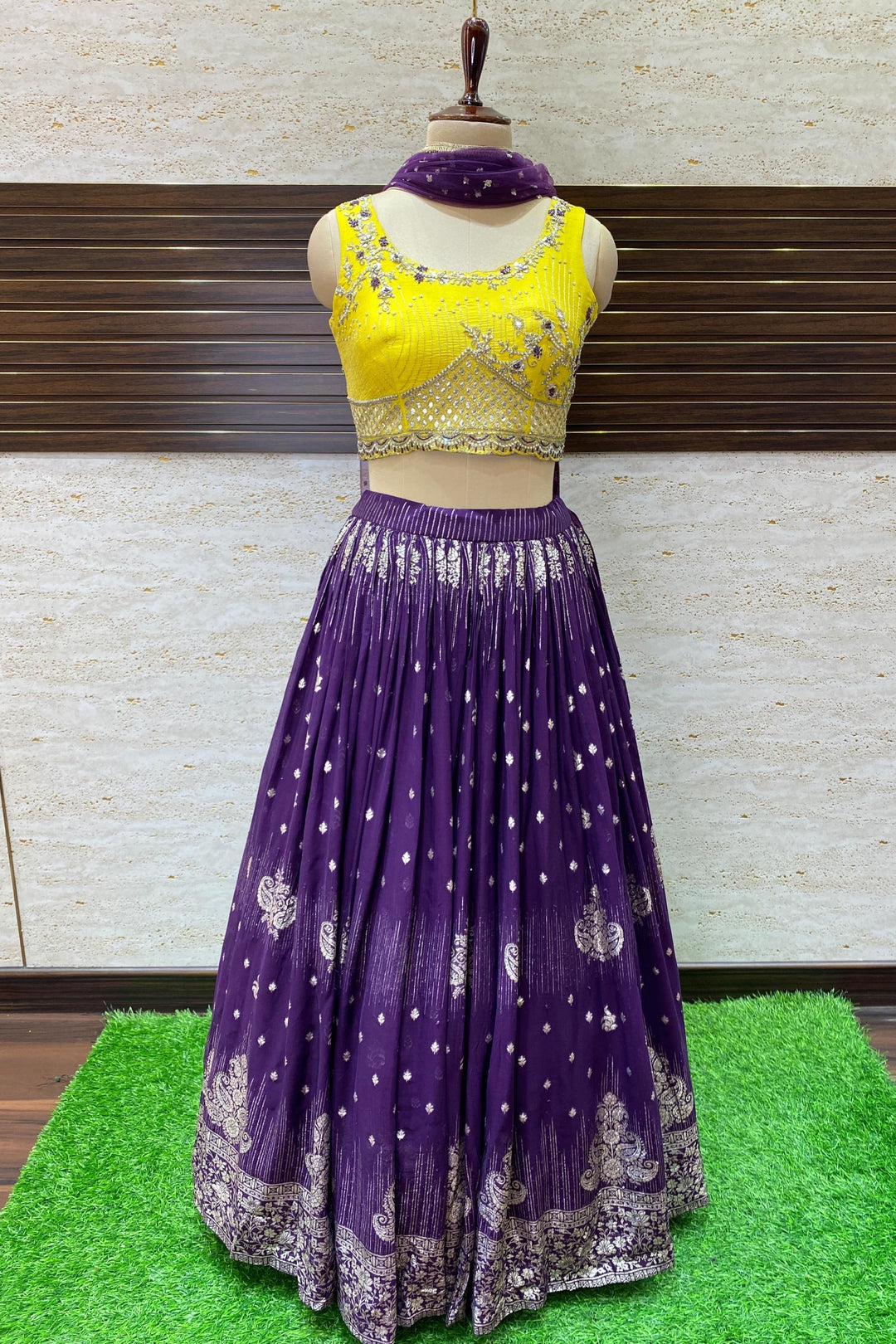 Yellow and Purple Pearl, Thread, Zardozi work with Banaras Print Crop Top Lehenga - Seasons Chennai