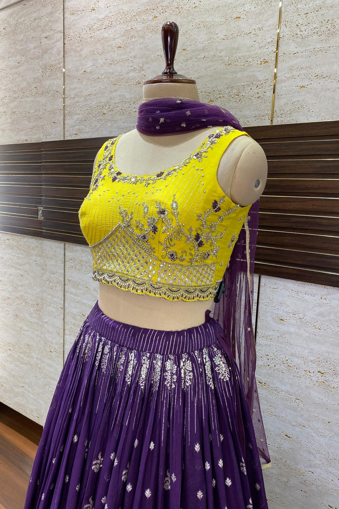 Yellow and Purple Pearl, Thread, Zardozi work with Banaras Print Crop Top Lehenga - Seasons Chennai