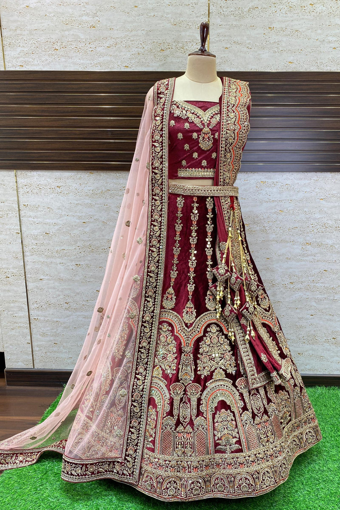 Maroon Golden Zari, Stone and Sequins work Semi-Stitched Designer Bridal Lehenga - Seasons Chennai