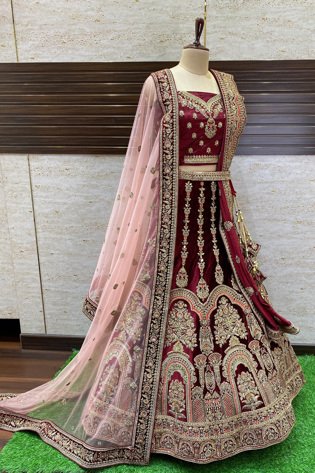 Maroon Golden Zari, Stone and Sequins work Semi-Stitched Designer Bridal Lehenga - Seasons Chennai