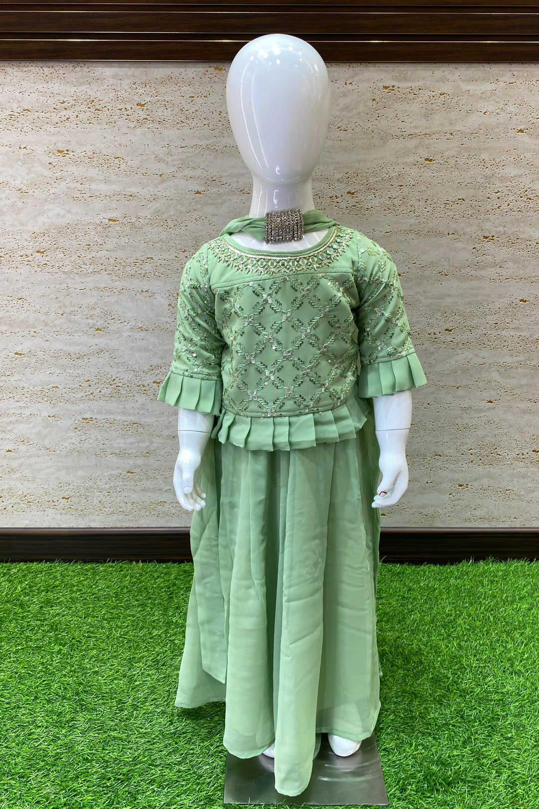 Pista Green Sequins and Thread work Top with Palazzo Set for Girls - Seasons Chennai