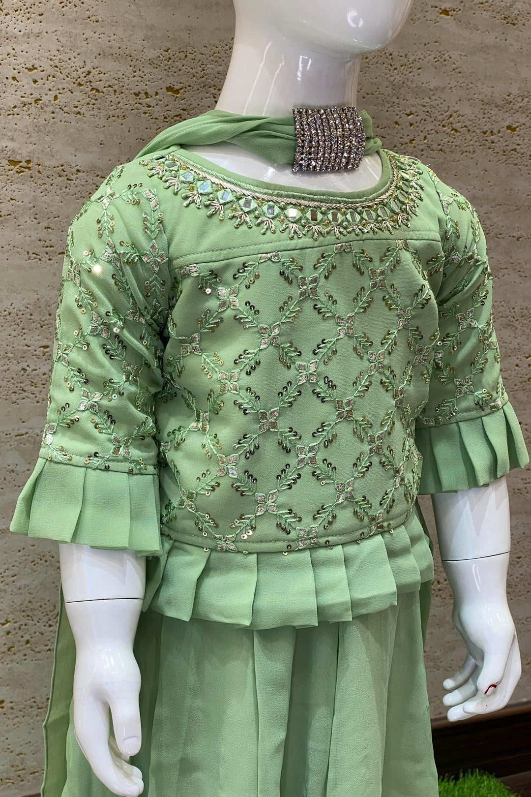 Pista Green Sequins and Thread work Top with Palazzo Set for Girls - Seasons Chennai