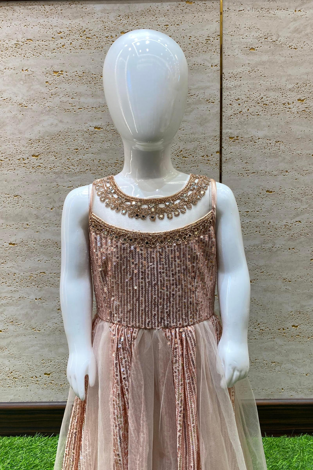 Peach Sequins, Stone and Mirror work Overcoat Styled Long Party Gown for Girls - Seasons Chennai