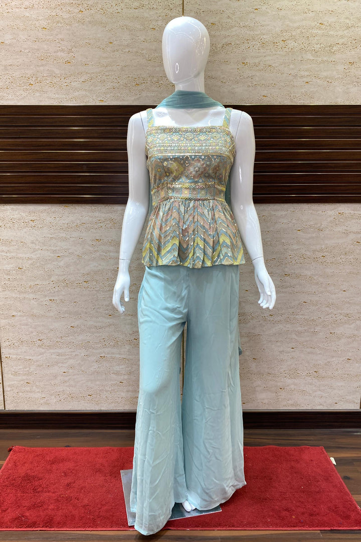 Mint Blue Georgette Palazzo with Sequins and Multicolor Thread work Peplum Top - 1