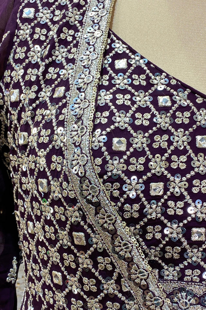 Wine Silver Zari Thread and Sequins work Long Overcoat Crop Top Lehenga - Seasons Chennai