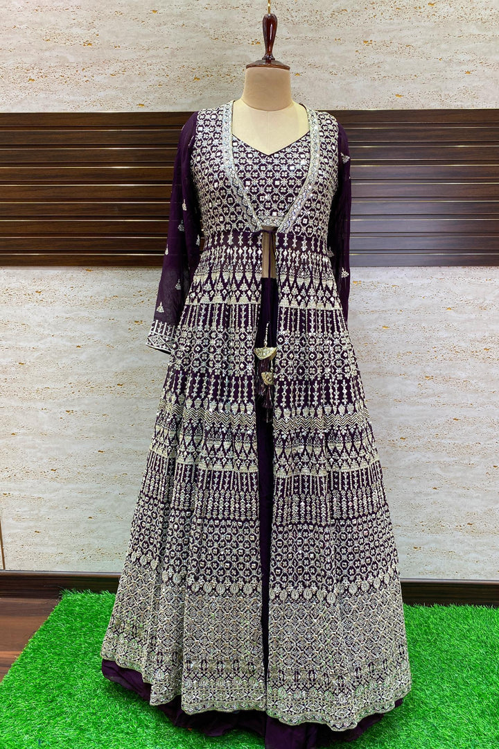 Wine Silver Zari Thread and Sequins work Long Overcoat Crop Top Lehenga - Seasons Chennai