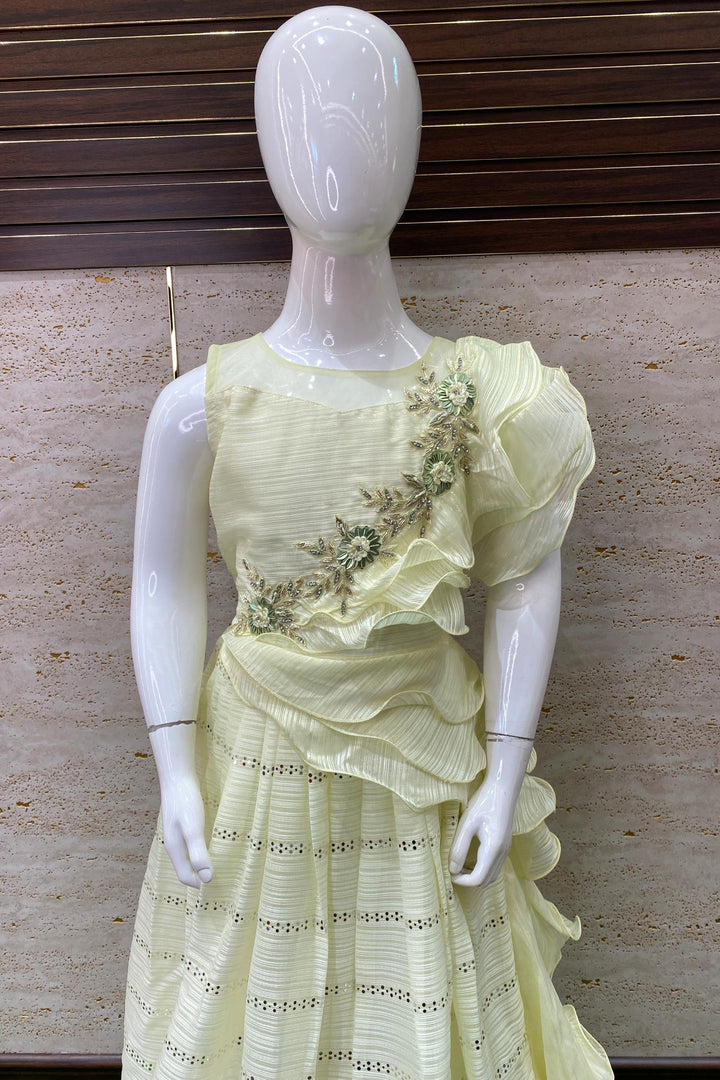 Yellow Stone, Beads and Thread work with Golden Zari weaving Long Party Gown for Girls - Seasons Chennai