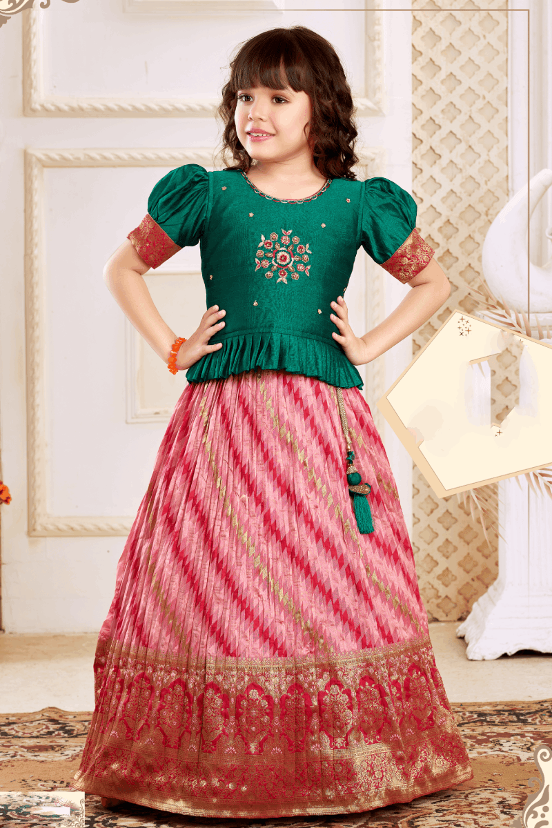 Peacock Green with Pink Beads, Zardozi and Stone work Lehenga Choli for Girls - Seasons Chennai