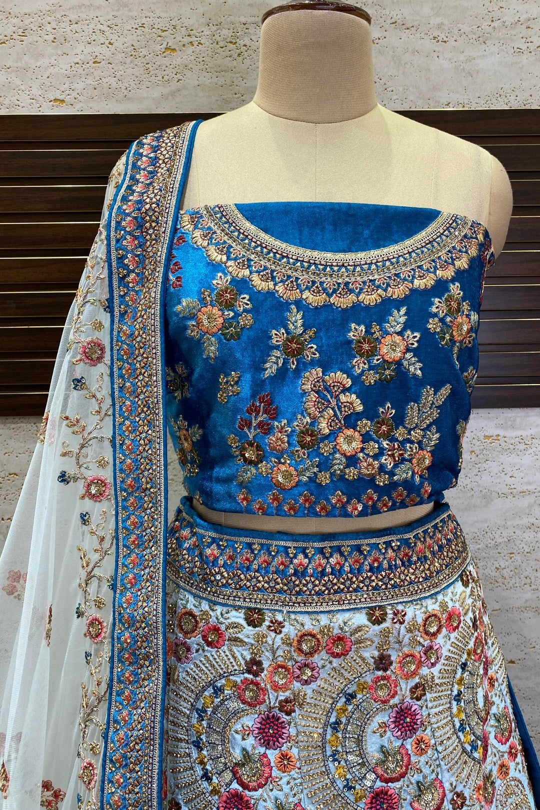 Pale Blue and Peacock Blue Stone, Thread and Zari work Semi Stitched Designer Bridal Lehenga - Seasons Chennai