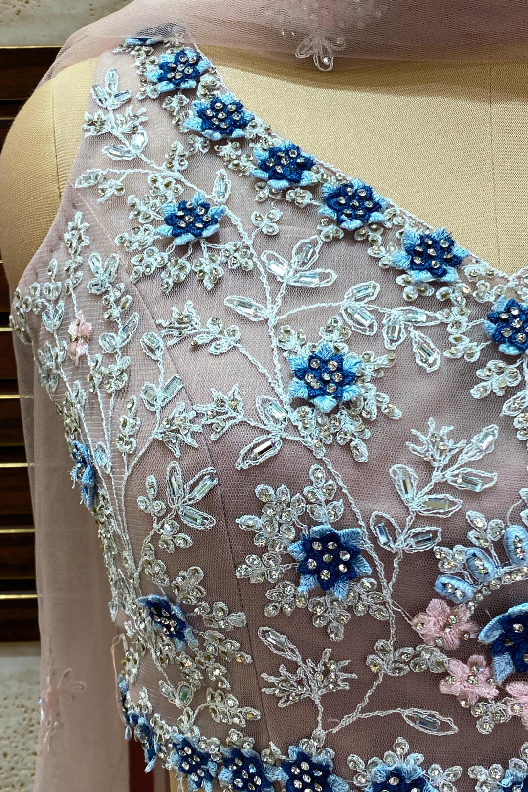 Onion Pink Silver Zari Thread, Stone and Mirror work Crop Top Designer Bridal Lehenga - Seasons Chennai