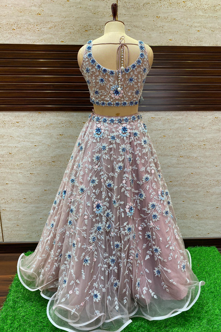 Onion Pink Silver Zari Thread, Stone and Mirror work Crop Top Designer Bridal Lehenga - Seasons Chennai