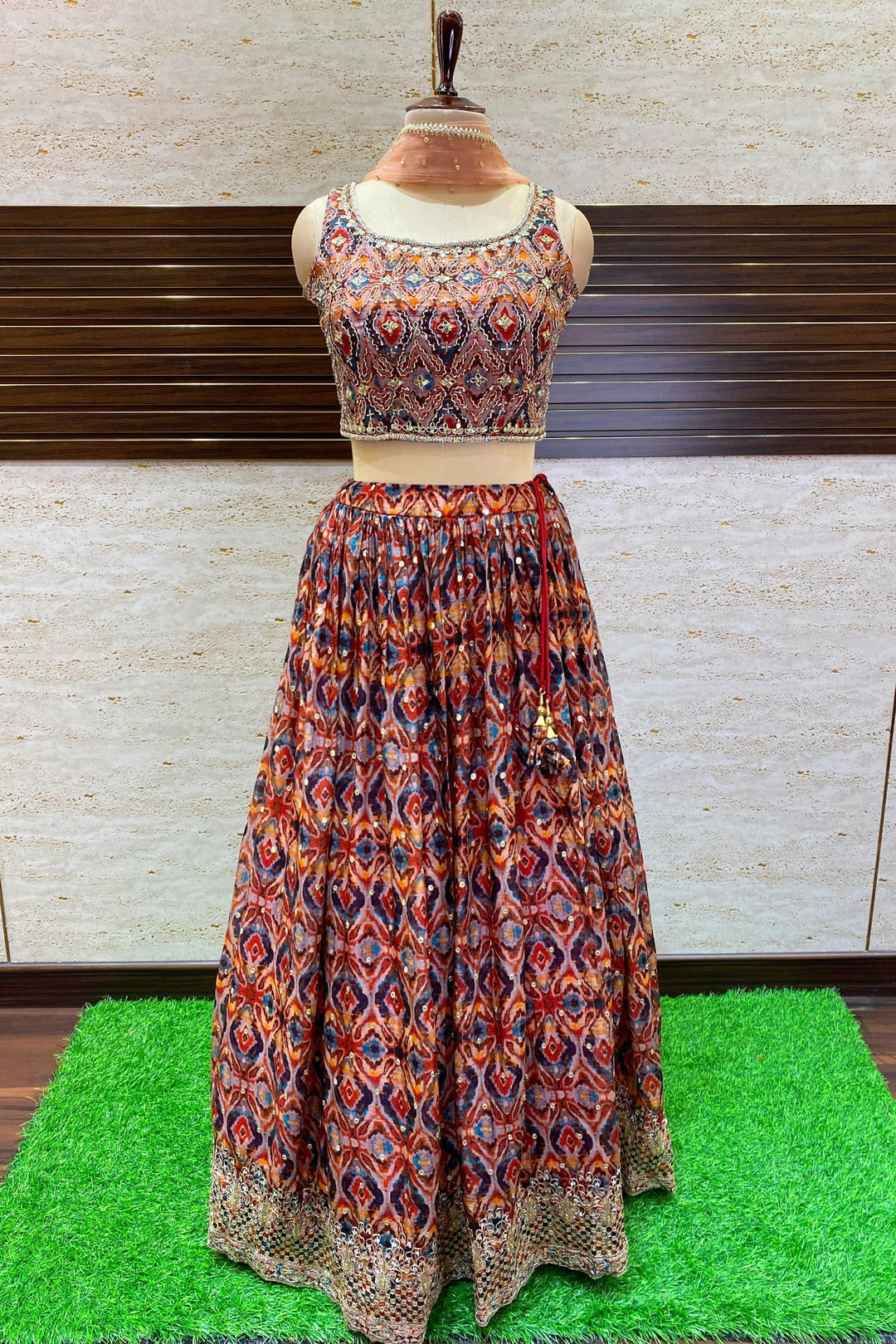 Multicolour Printed with Mirror, Zardozi, Sequins and Zari work Crop Top Lehenga - Seasons Chennai