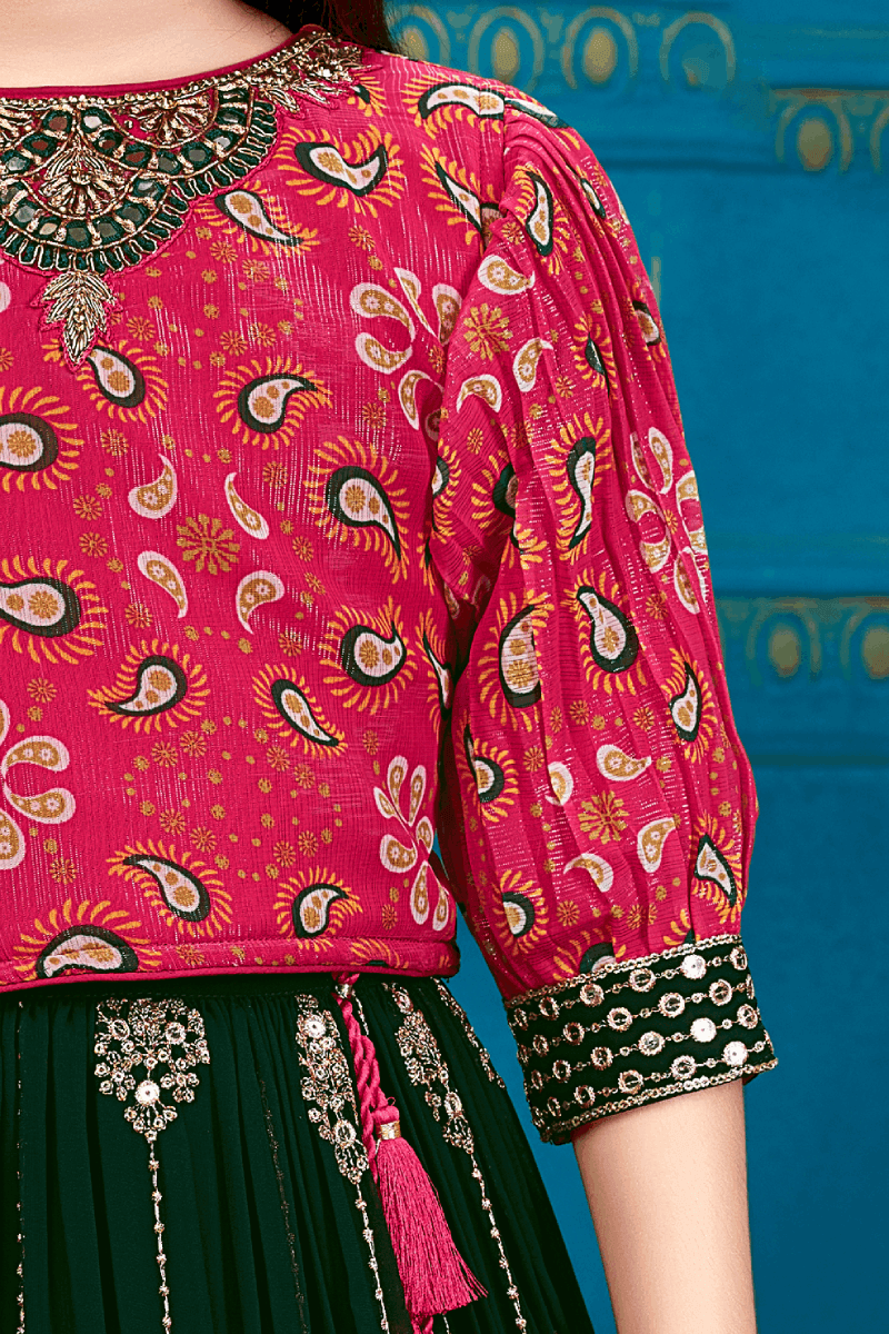 Pink and Bottle Green Zari, Sequins and Zardozi work with Digital Print Lehenga Choli for Girls - Seasons Chennai