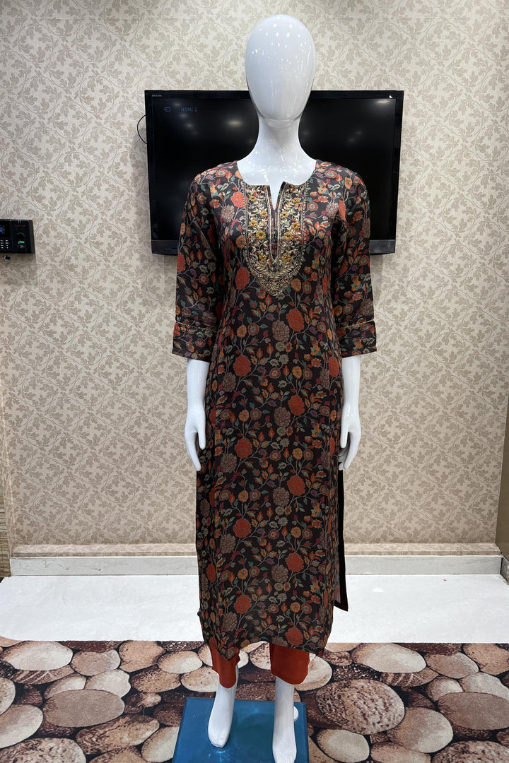 Coffee Brown with Brick Red Multicolor Floral Print Straight Cut Salwar Suit - Seasons Chennai