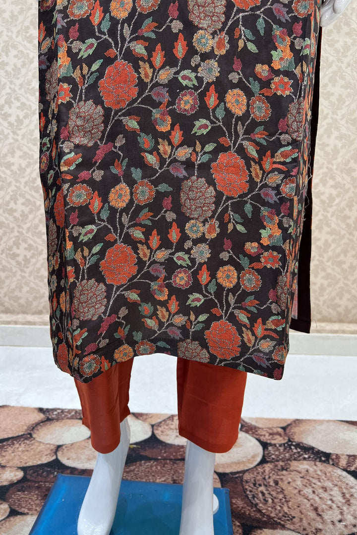 Coffee Brown with Brick Red Multicolor Floral Print Straight Cut Salwar Suit - Seasons Chennai