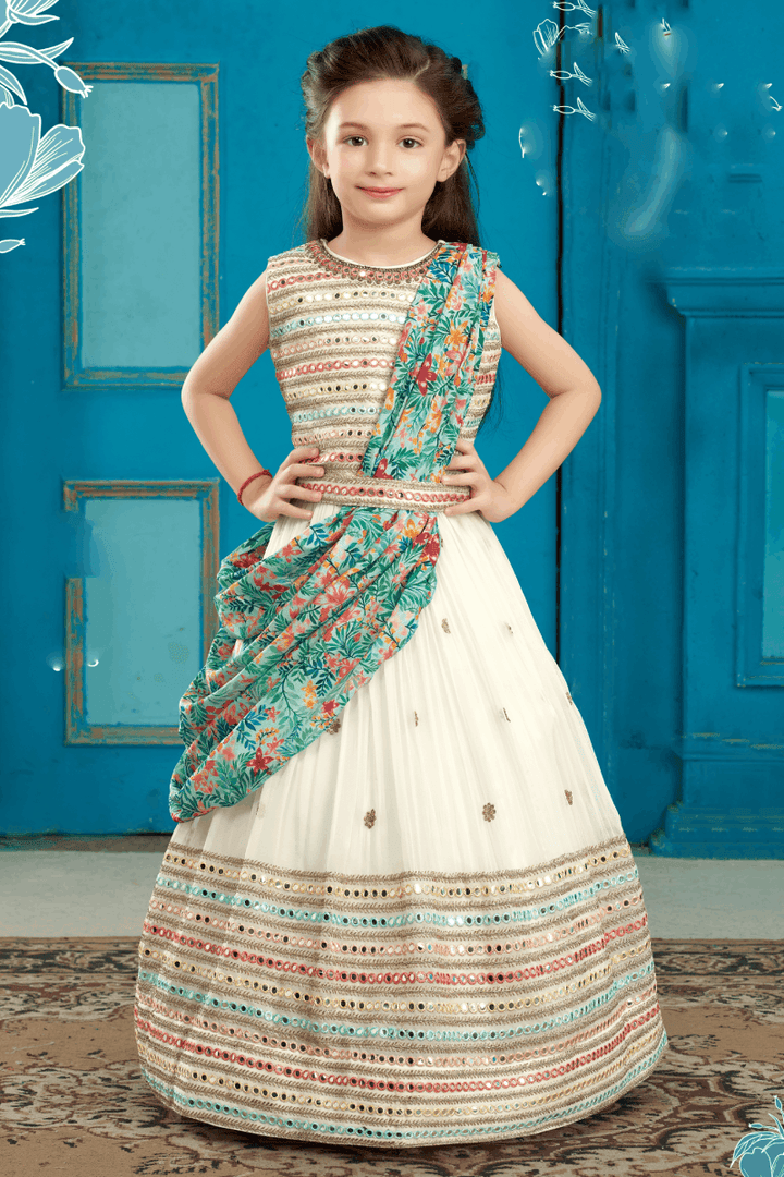 Half White Mirror, Stone, Zari and Sequins work Lehenga Choli for Girls - Seasons Chennai