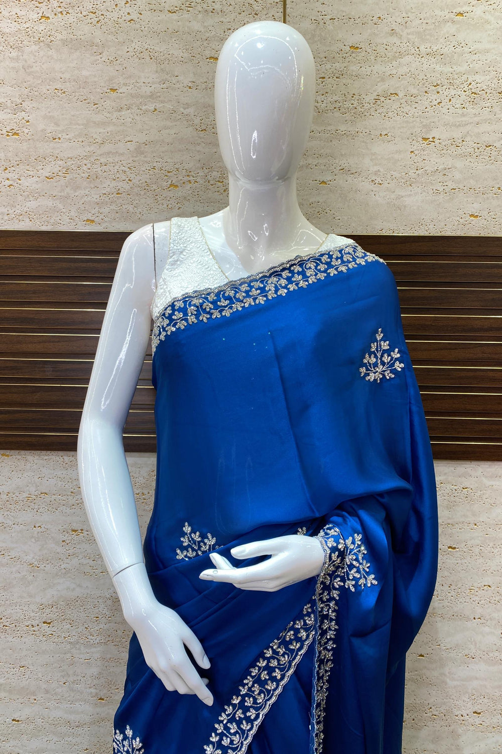 Azure Blue Stone and Kadana work Satin Silk Saree with Matching Unstitched Blouse - 2