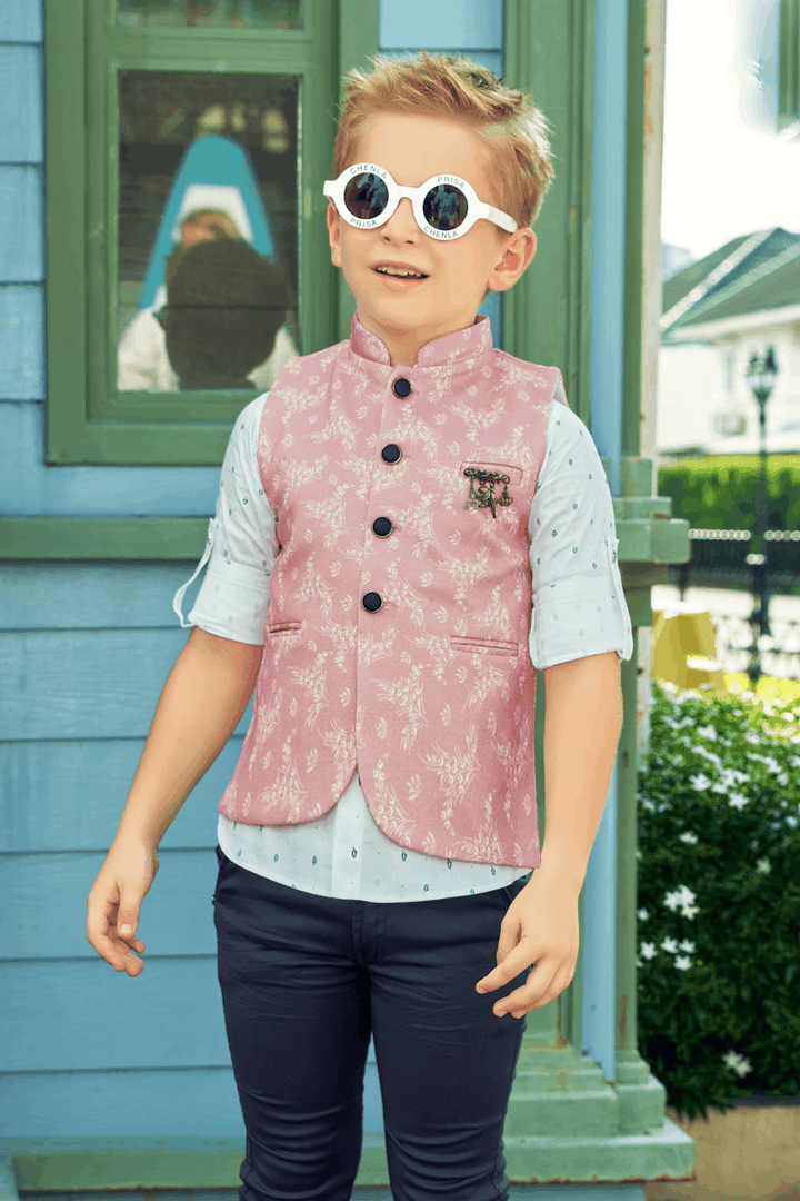 White with Pink Waist Coat and Navy Blue Pant Set for Boys - Seasons Chennai