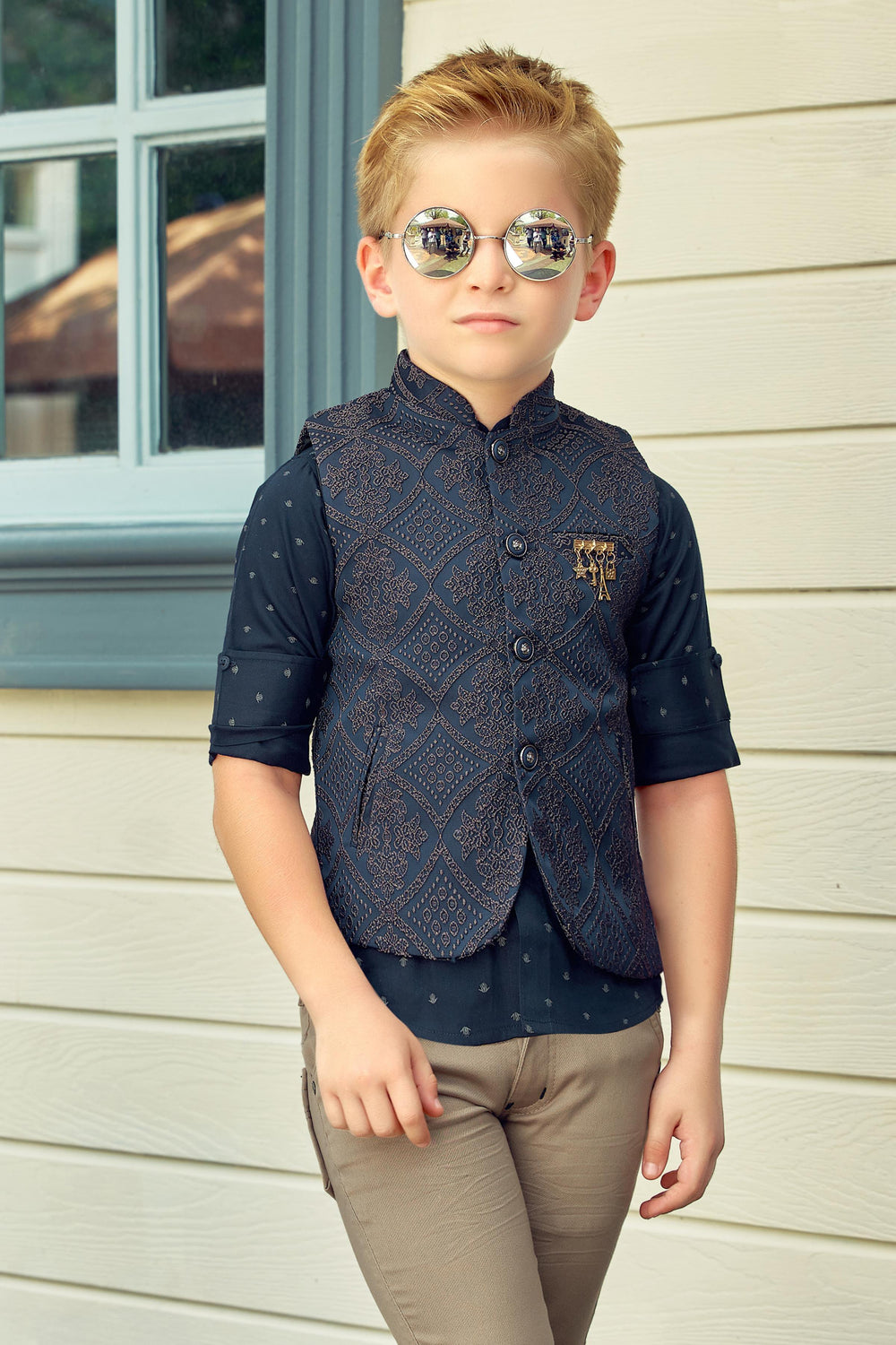 Navy Blue Lucknowi work Waist Coat and Beige Pant Set for Boys with Belt - Seasons Chennai
