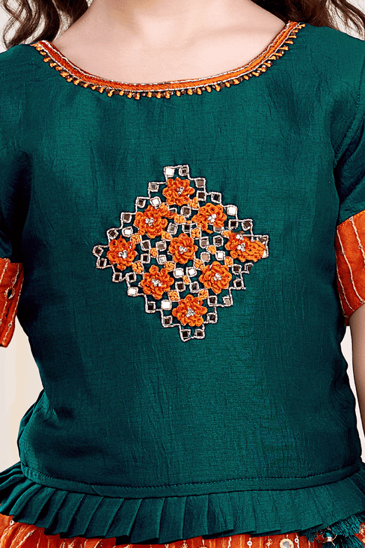 Green with Orange Mirror, Thread and Stone work Lehenga Choli for Girls - Seasons Chennai