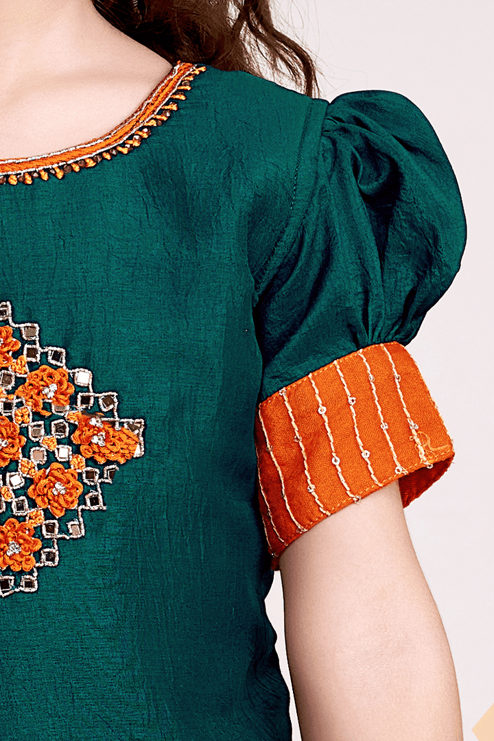 Green with Orange Mirror, Thread and Stone work Lehenga Choli for Girls - Seasons Chennai