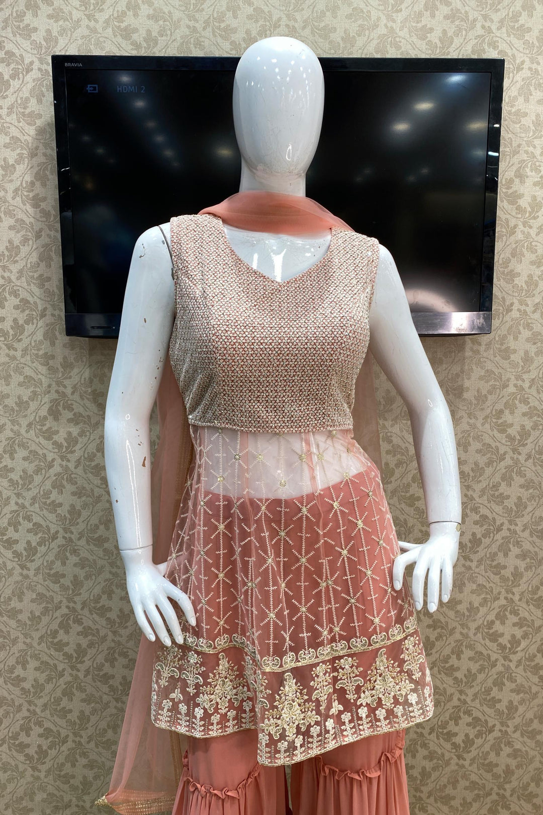 Peachish Pink Thread and Stone work Sharara Salwar Suit - Seasons Chennai