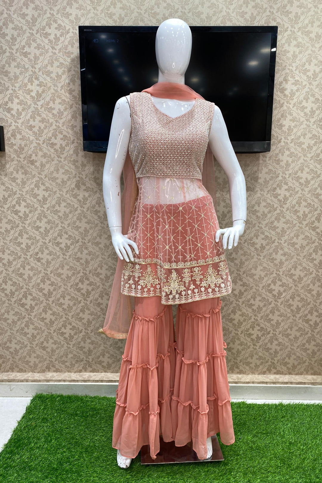Peachish Pink Thread and Stone work Sharara Salwar Suit - Seasons Chennai
