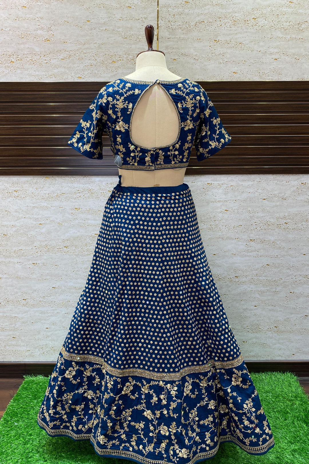 Peacock Blue Golden Zari Thread, Stone and Kundan work Crop Top Designer Bridal Lehenga - SeasonsChennai