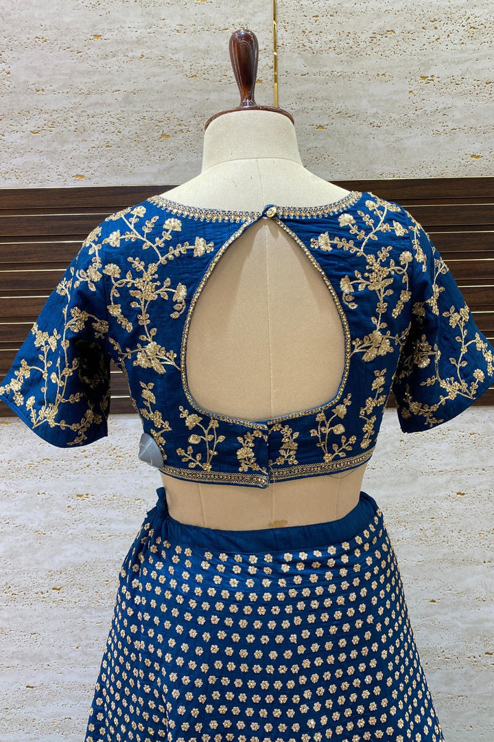 Peacock Blue Golden Zari Thread, Stone and Kundan work Crop Top Designer Bridal Lehenga - SeasonsChennai
