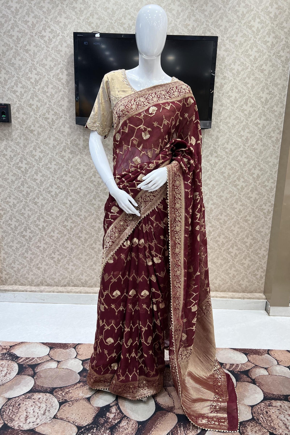 Sabyasachi Maroon Sequins Party Wear Saree with Blouse | Ethnic Plus