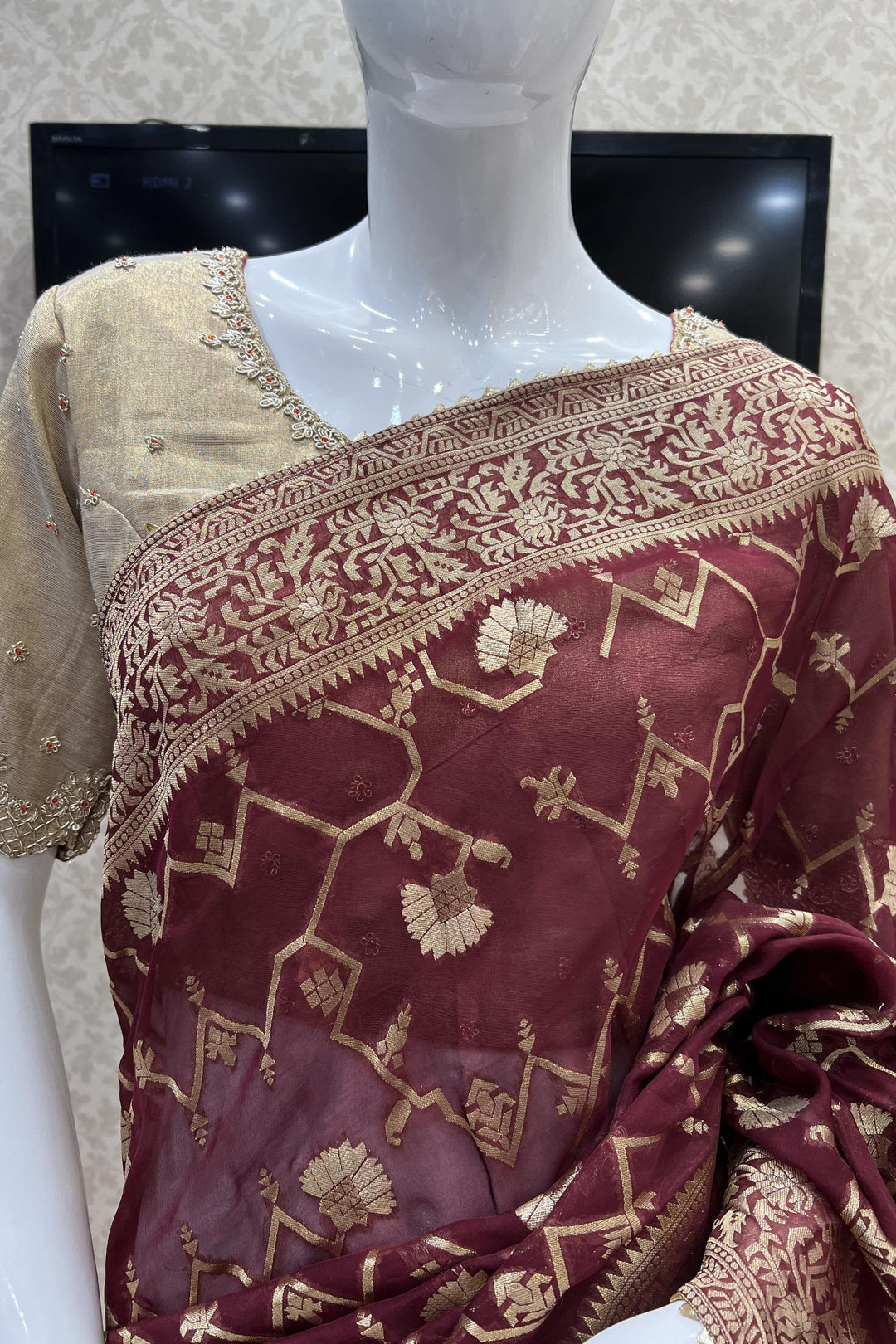Maroon Banarasi Georgette Saree with Contrast Stitched Blouse - Seasons Chennai