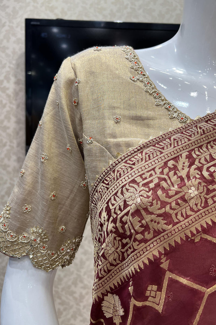 Maroon Banarasi Georgette Saree with Contrast Stitched Blouse - Seasons Chennai