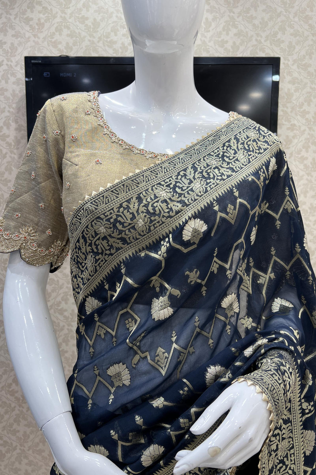 Navy Blue Banarasi Georgette Saree with Contrast Stitched Blouse - Seasons Chennai