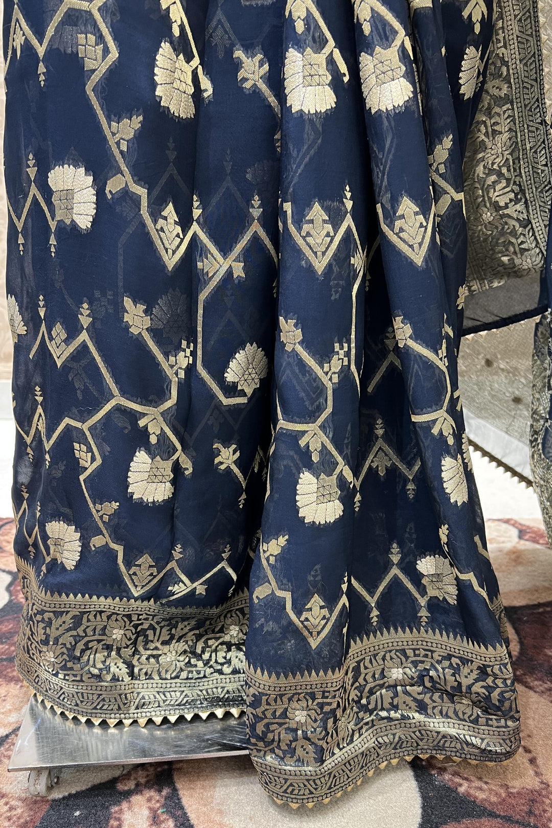Navy Blue Banarasi Georgette Saree with Contrast Stitched Blouse - Seasons Chennai