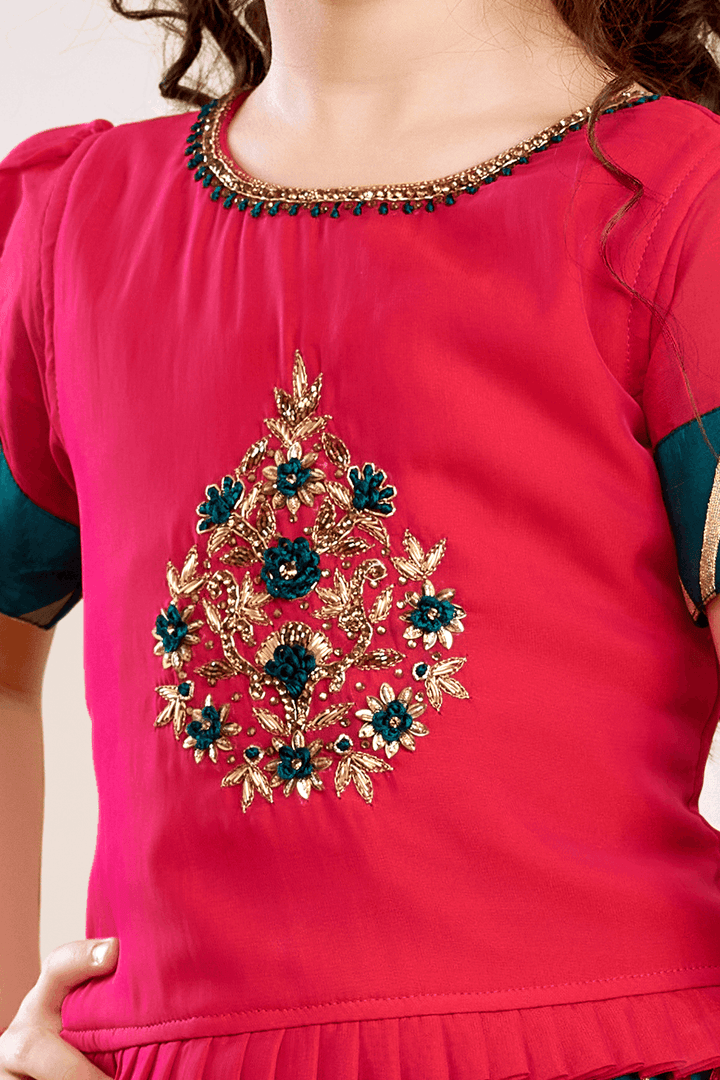 Rani Pink and Peacock Green Banaras, Zardozi and Stone work Lehenga Choli for Girls - Seasons Chennai