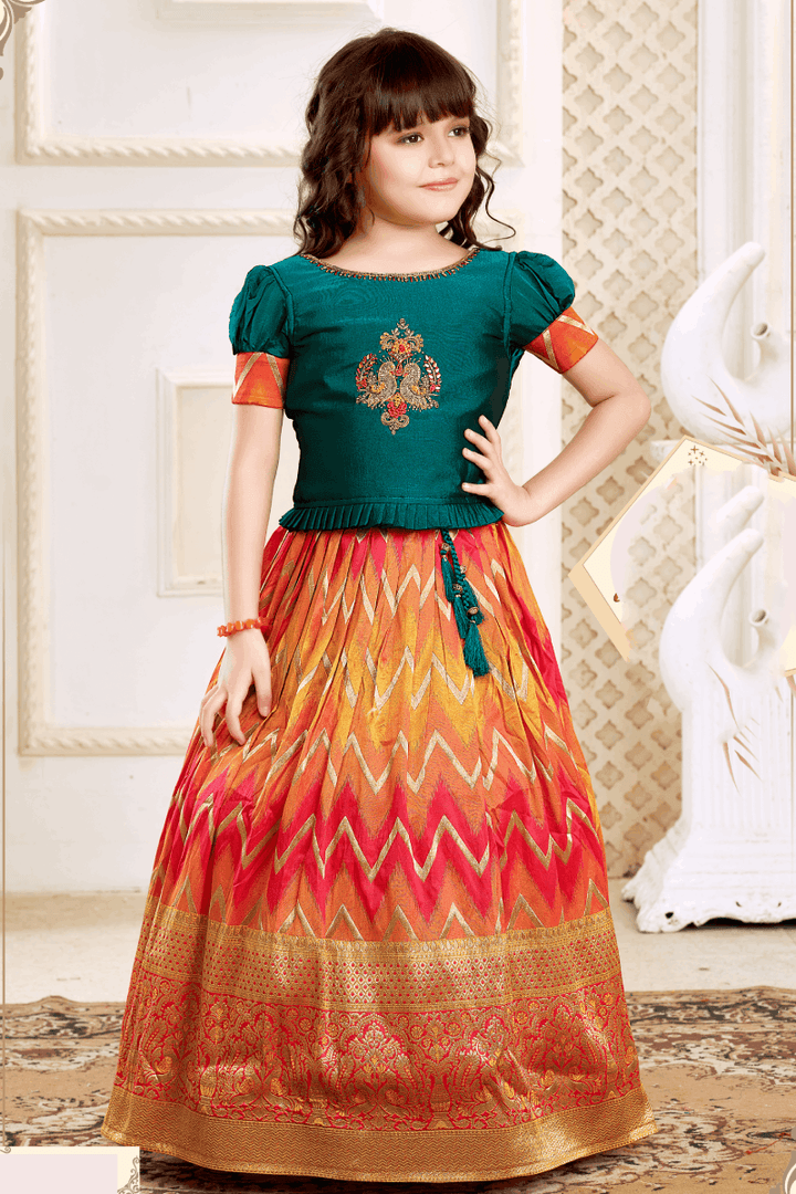 Green, Pink and Yellow Banaras, Zardozi, Mirror and Thread work Lehenga Choli for Girls - Seasons Chennai