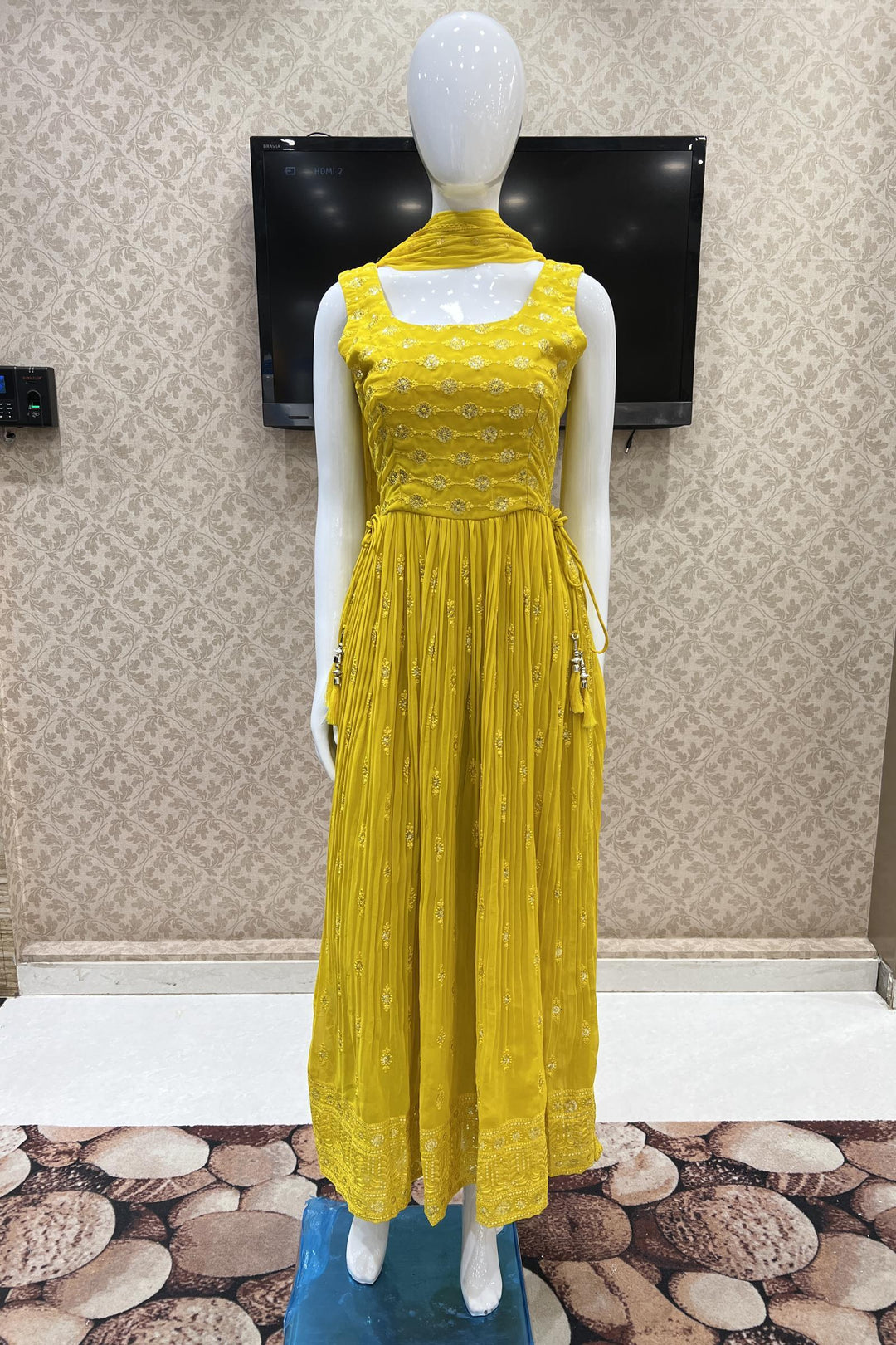 Yellow Thread and Sequins work salwar suit with Straight Pant - Seasons Chennai