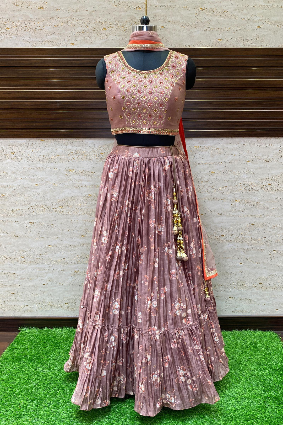Onion Pink Zardozi, Stone and Beads work with Floral Print Crop Top Lehenga - 1