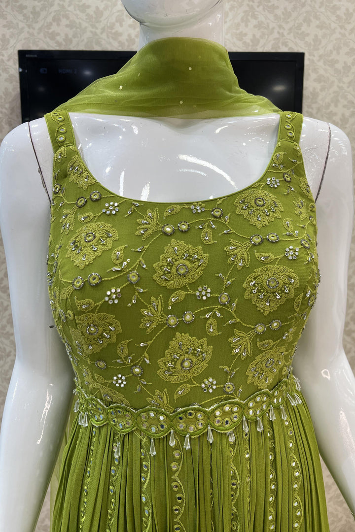 Leaf Green Sequins and Thread work Salwar Suit with Palazzo Pants with Belt - Seasons Chennai