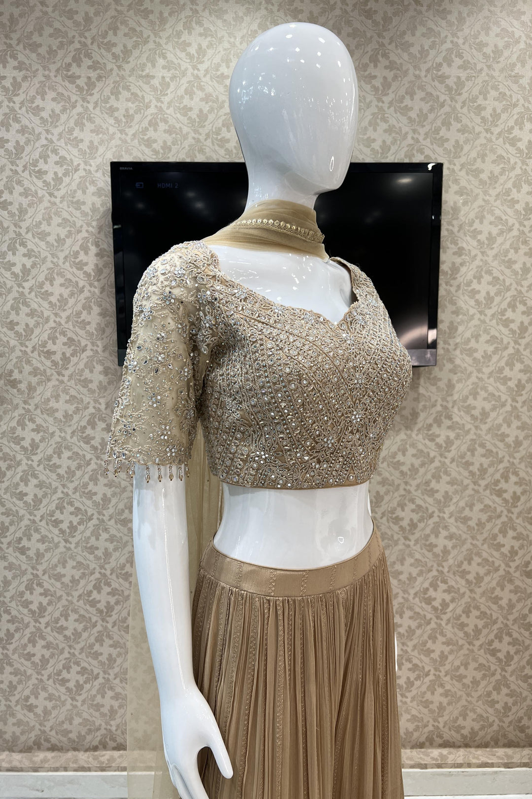Beige Mirror, Zari, Thread and Stone work Crop Top with Sequins and Thread work Sharara Pant - Seasons Chennai