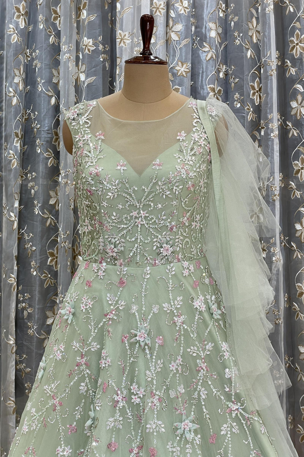Pastel Green Sequins and Stone work Bridal and Partywear Gown - Seasons Chennai